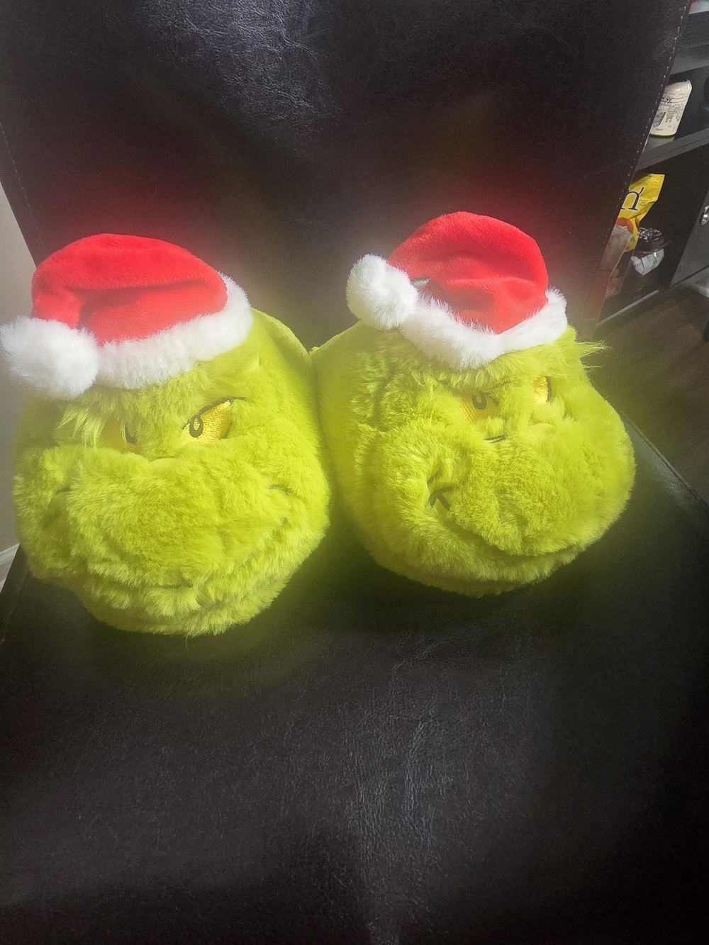 Small (Fits Big)  Green Grinch Plush Slippers with Holiday Hat